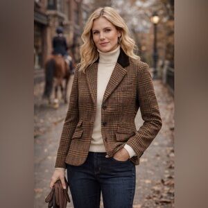 Chaps Wool Blend Houndstooth Plaid Blazer SZ 4 Velvet Collar Equestrian Lauren